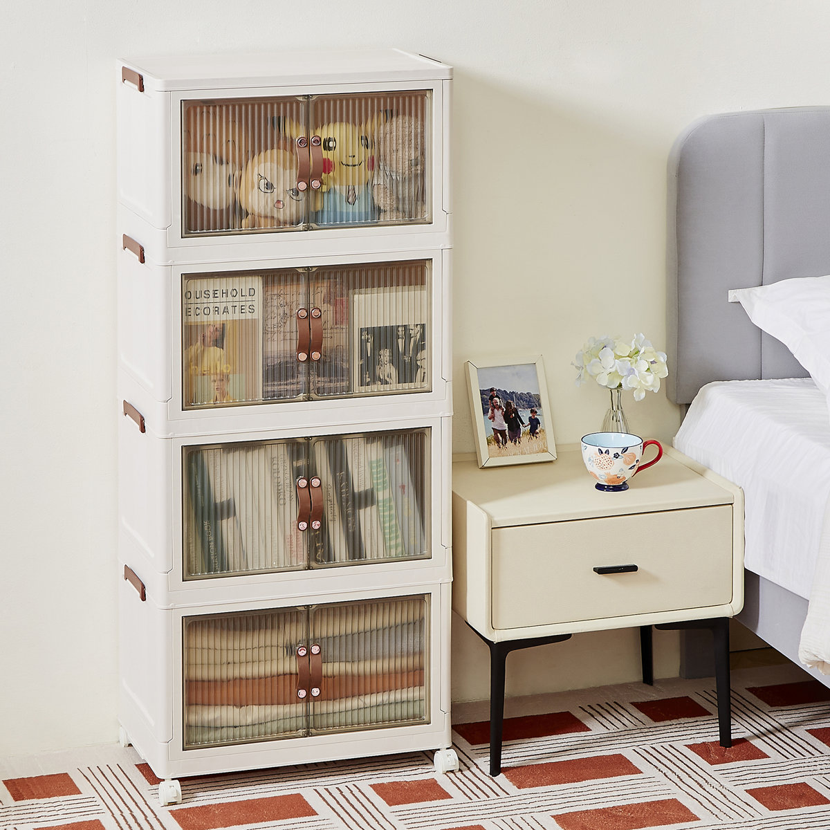 4 Tier Stackable Foldable Storage Bins with Lid and Wheels (Set of 4)